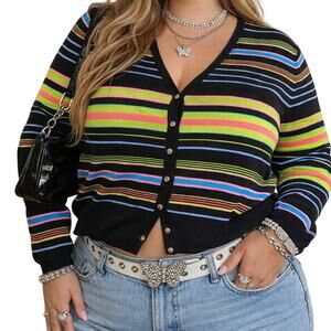 Y2K Vintage Cardigan Sweater Neon Lime Green Striped 100% Cotton Knit Sweater 2X